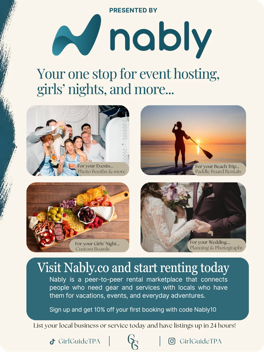 nably dedicated sponsor graphic — event hosting, paddle boards, and more — running as slide 3